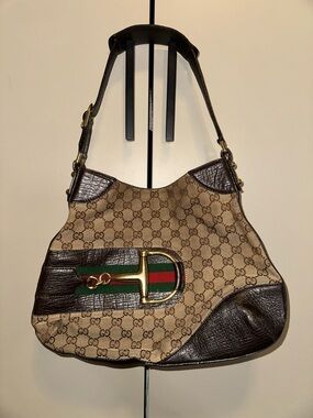 Gucci Vintage Brown GG Canvas & Leather Shoulder Bag with Web Stripe